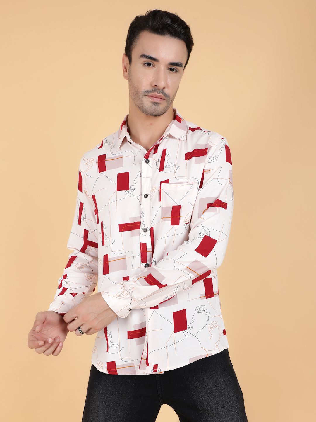 Kotty Men Relaxed Spread Collar Graphic Printed Cotton Casual Shirt