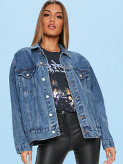 Kotty Women Spread Collar Solid Denim Casual Jacket