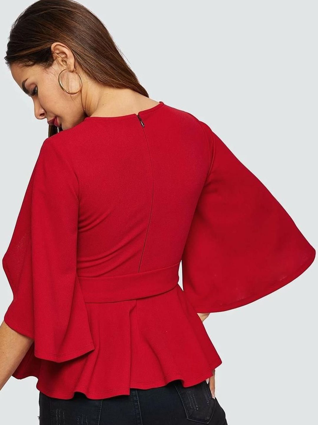 Kotty Women Round Neck Flared Sleeve Cinched Waist Top