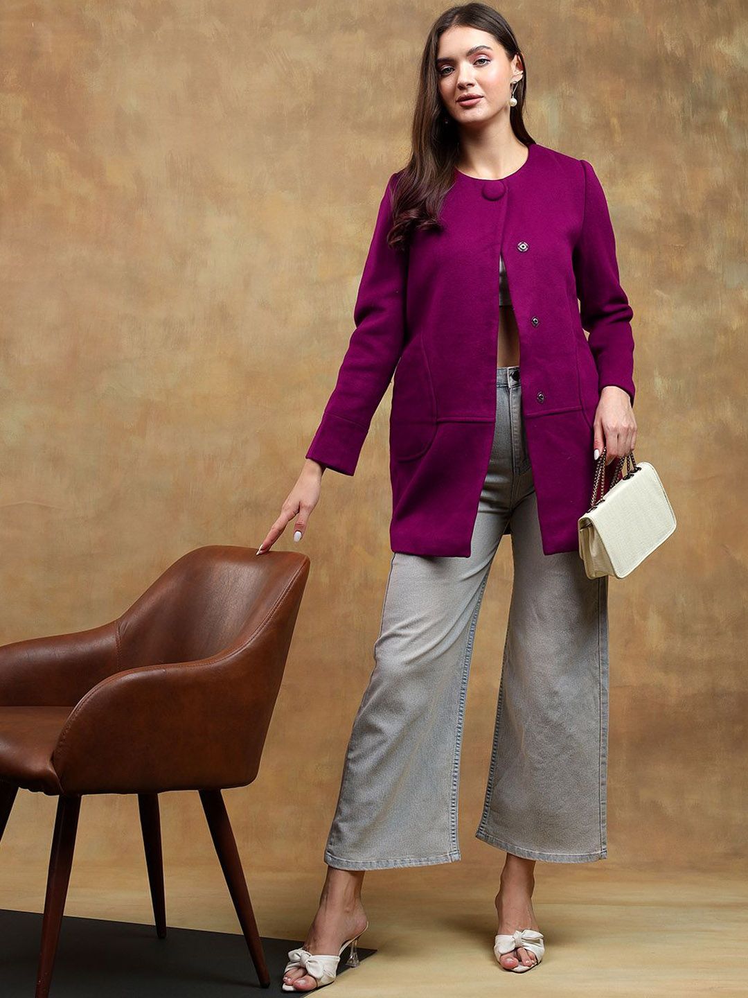 Kotty Women Solid Mandarin Collar Purple Overcoat