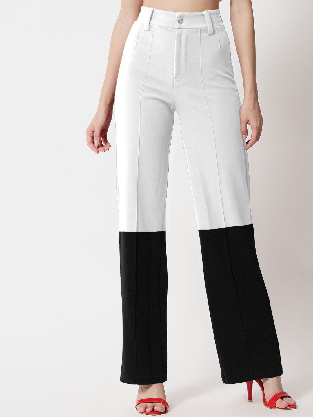 Kotty Women Colourblocked Relaxed Straight Leg Straight Fit High-Rise Easy Wash Trousers