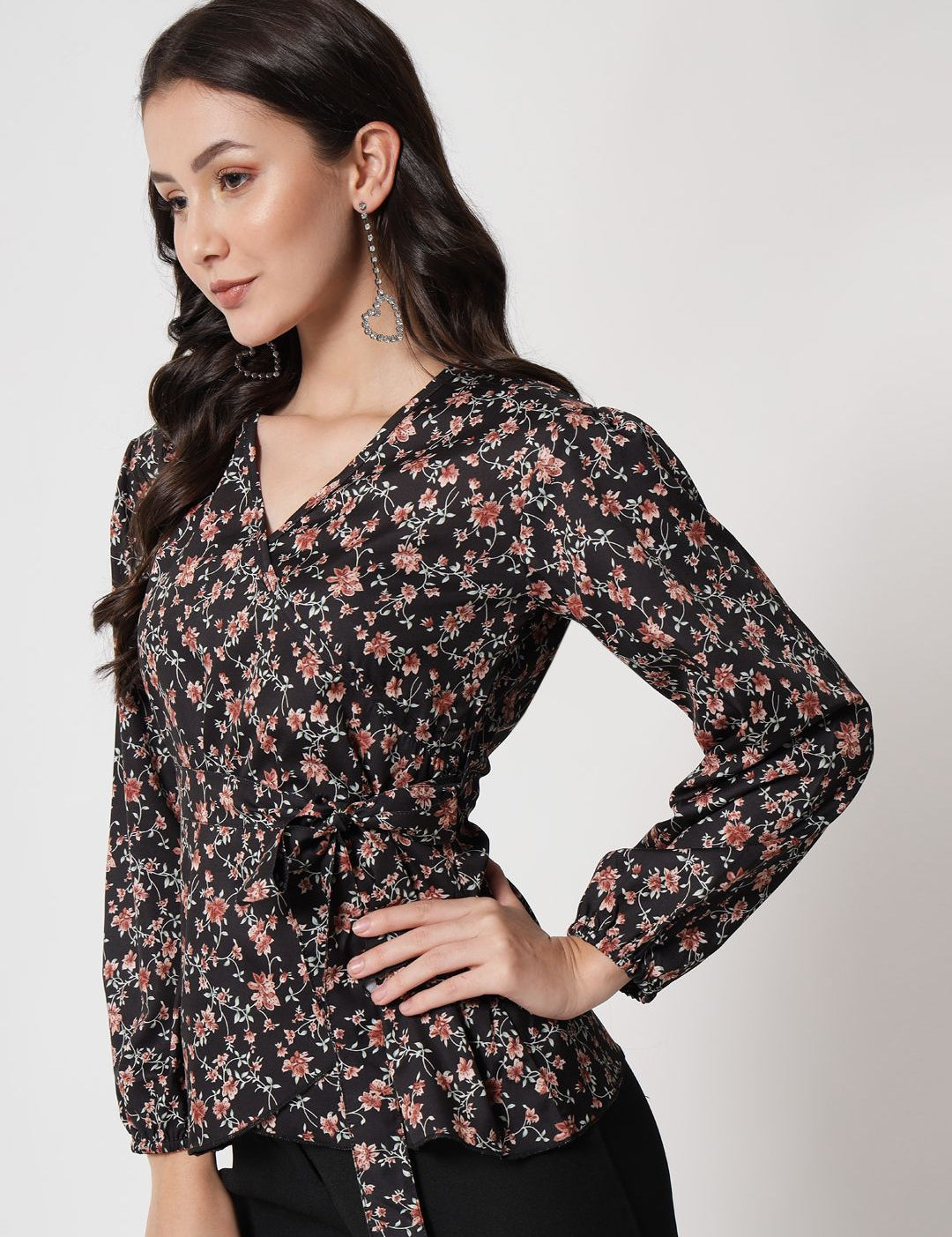 Kotty Women Floral Printed V-neck Wrap Top