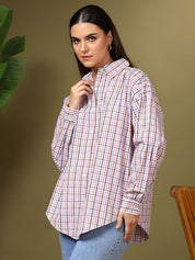 Kotty Women Spread Collar Micro Checked Cotton Casual Oversized Shirt
