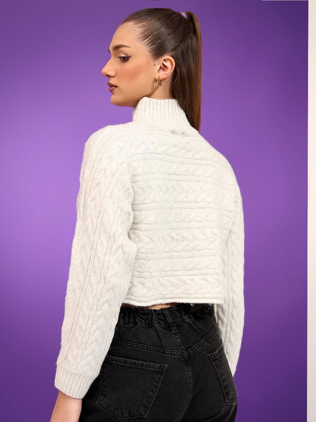 Kotty Women Cable Knit Self Design Cotton Crop Pullover