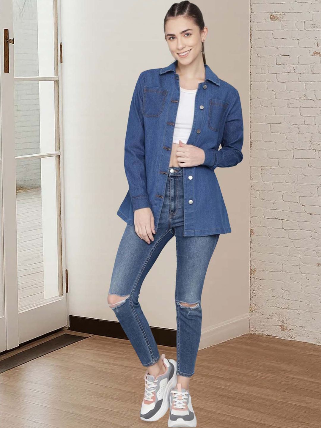 Kotty Women Spread Collar Solid Denim Jacket