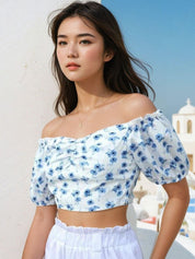 Kotty Women Floral Printed Off-Shoulder Bardot Crop Top