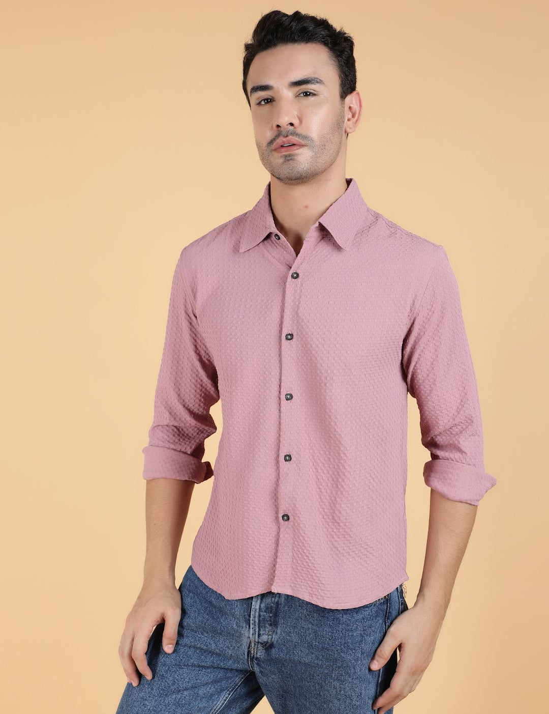Kotty Men Relaxed Spread Collar Textured Cotton Casual Shirt