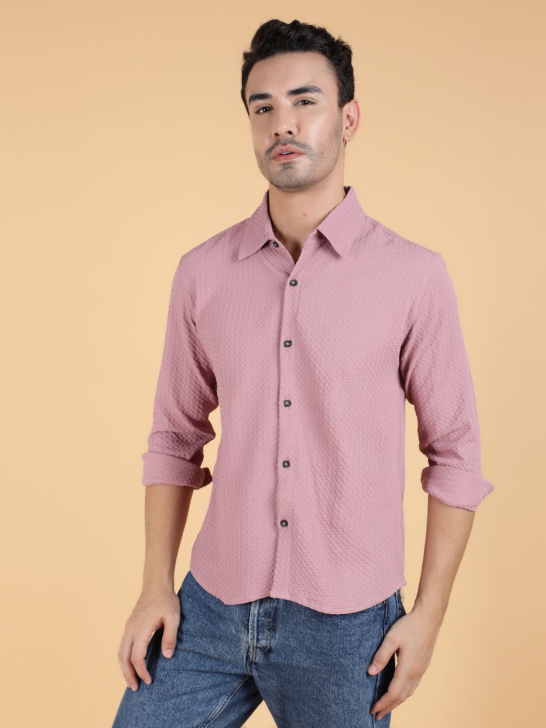 Kotty Men Relaxed Spread Collar Textured Cotton Casual Shirt