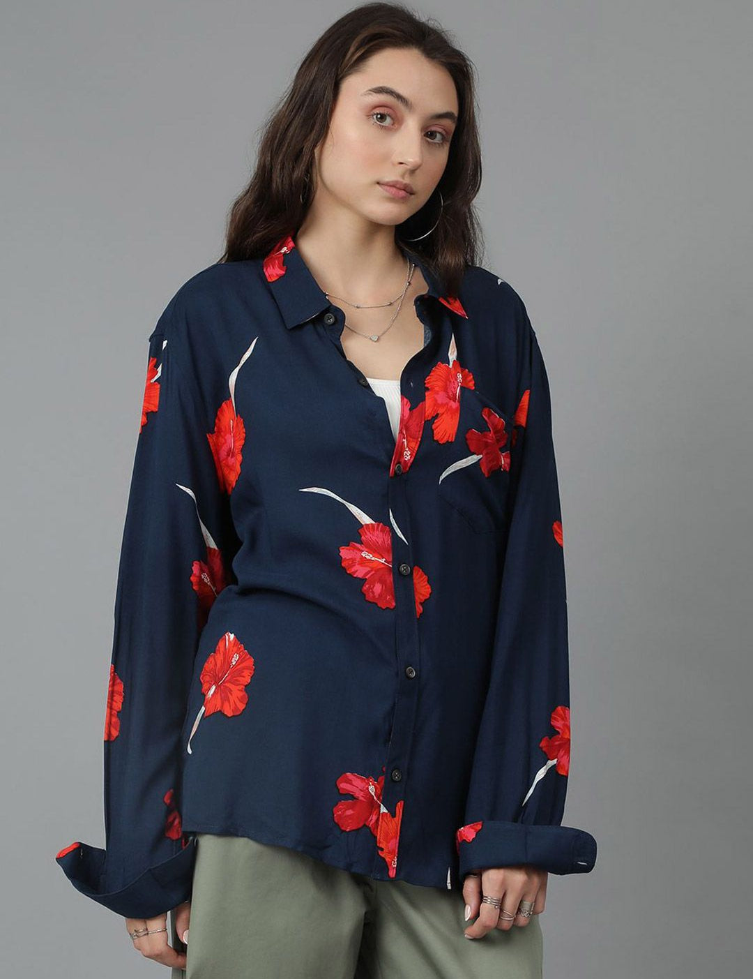 Kotty Women Spread Collar Floral Printed Cotton Oversized Casual Shirt