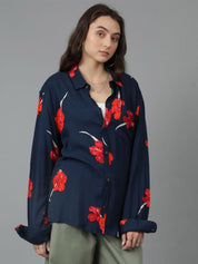 Kotty Women Spread Collar Floral Printed Cotton Oversized Casual Shirt