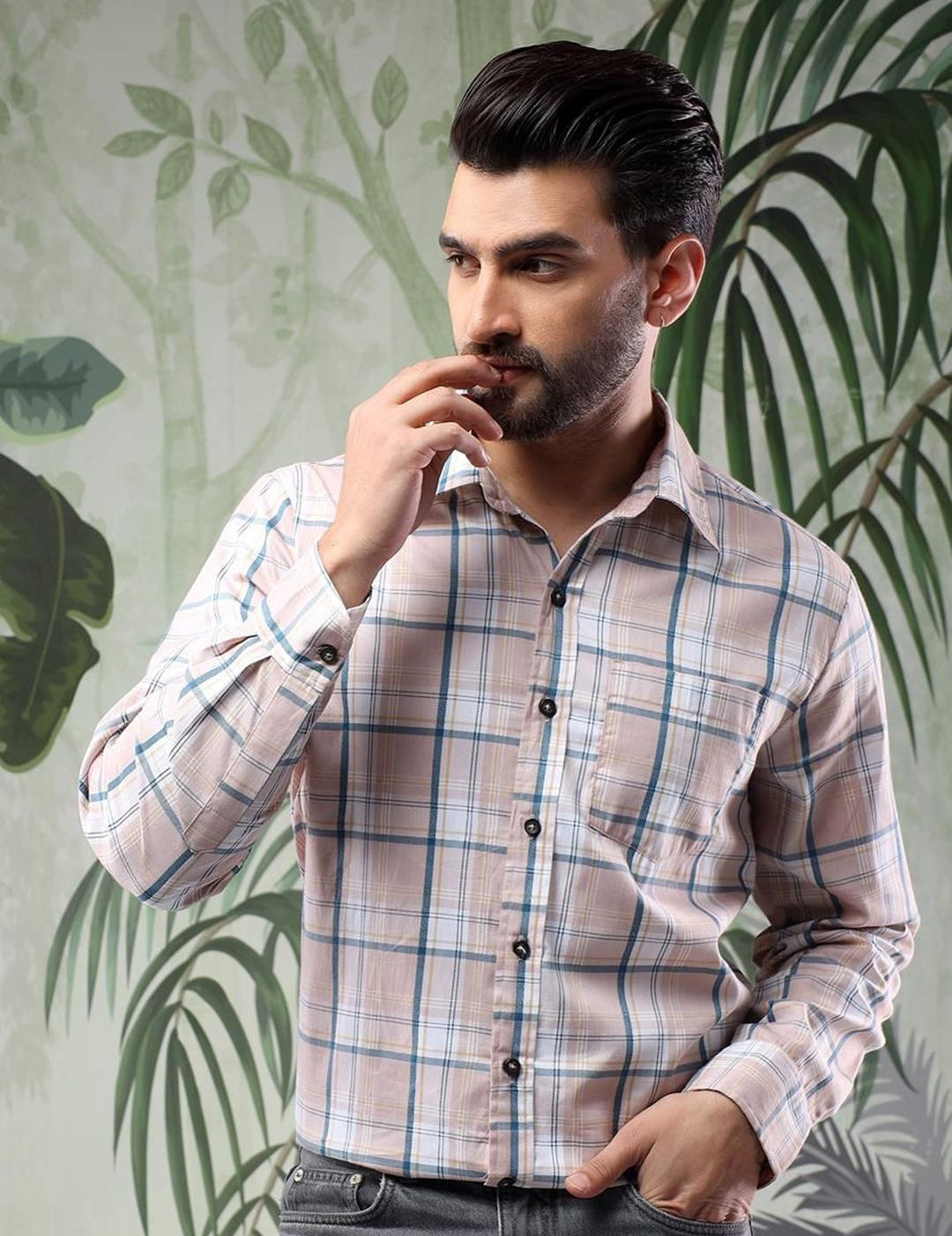 Kotty Men Spread Collar Tartan Checked Casual Shirt