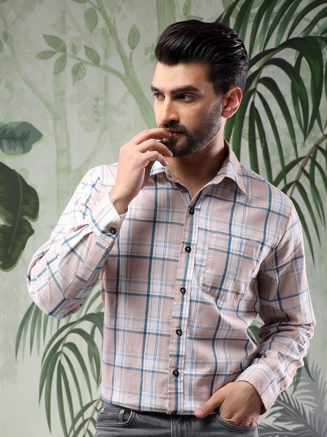 Kotty Men Spread Collar Tartan Checked Casual Shirt