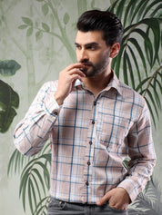 Kotty Men Spread Collar Tartan Checked Casual Shirt