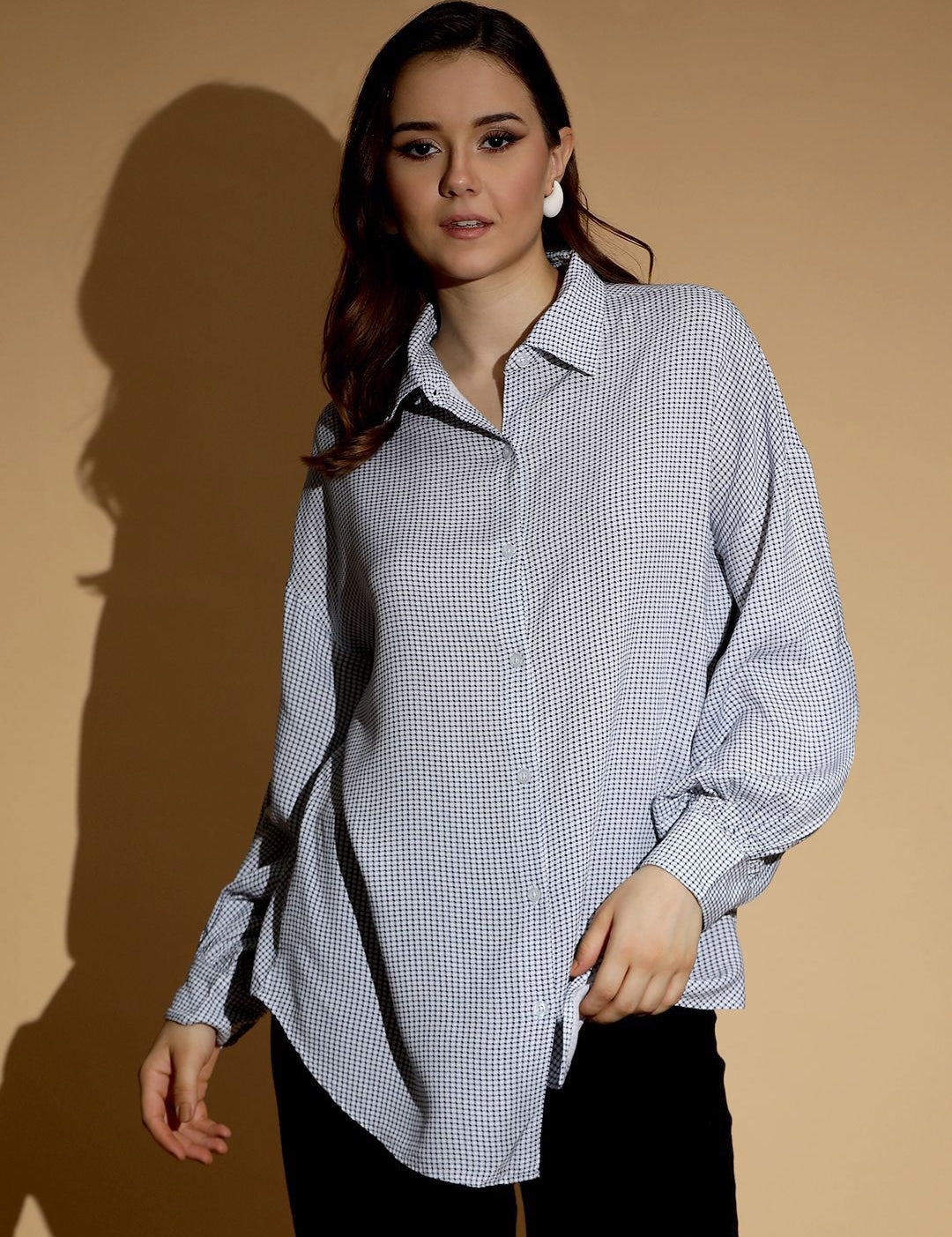 Kotty Women Spread Collar Micro Ditsy Printed Cotton Oversized Casual Shirt