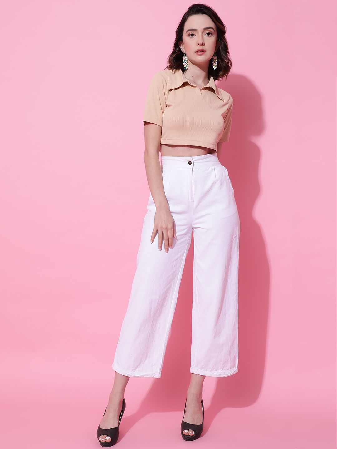 Kotty Women Solid Shirt Collar Cotton Top