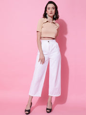 Kotty Women Solid Shirt Collar Cotton Top