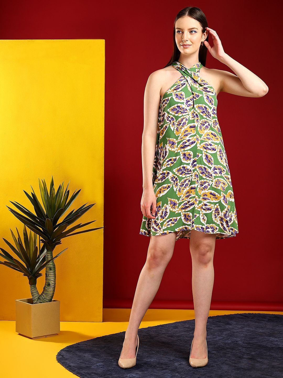 Kotty Print Halter Neck A-Line Dress