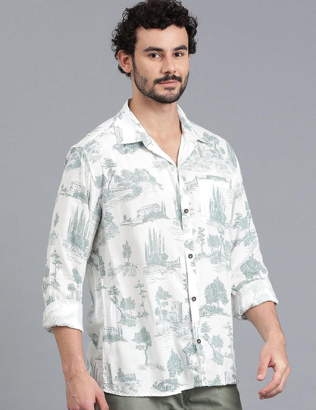 Kotty Men Cuban Collar Graphic Printed Cotton Casual Shirt
