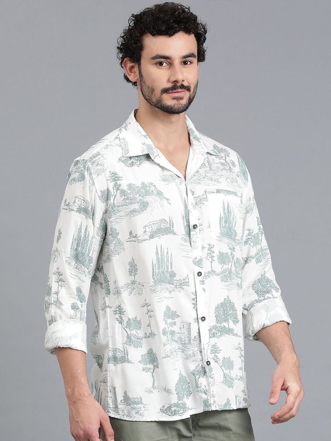 Kotty Men Cuban Collar Graphic Printed Cotton Casual Shirt