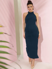 Kotty Women Solid Halter Neck Bodycon Midi Dress