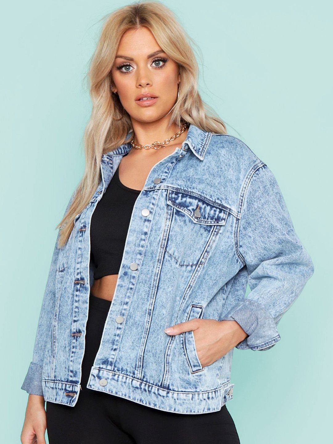 Kotty Women Spread Collar Washed Self Design Cotton Casual Denim Jacket