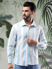 Kotty Men Cutaway Collar Vertical Striped Casual Shirt