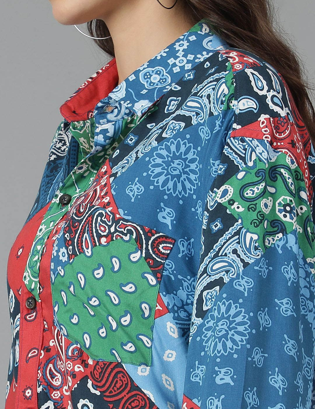 Kotty Women Spread Collar Abstract Printed Cotton Oversized Casual Shirt