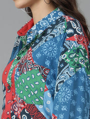 Kotty Women Spread Collar Abstract Printed Cotton Oversized Casual Shirt