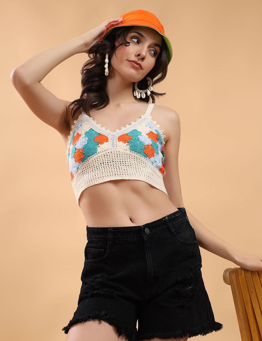 Kotty Embellished Print Cotton Crop Top