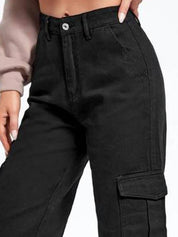 Kotty Women Straight Fit High-Rise Clean Look Stretchable Cargo Styles Cotton Jeans
