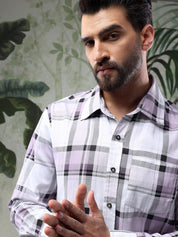 Kotty Men Spread Collar Tartan Checked Casual Shirt