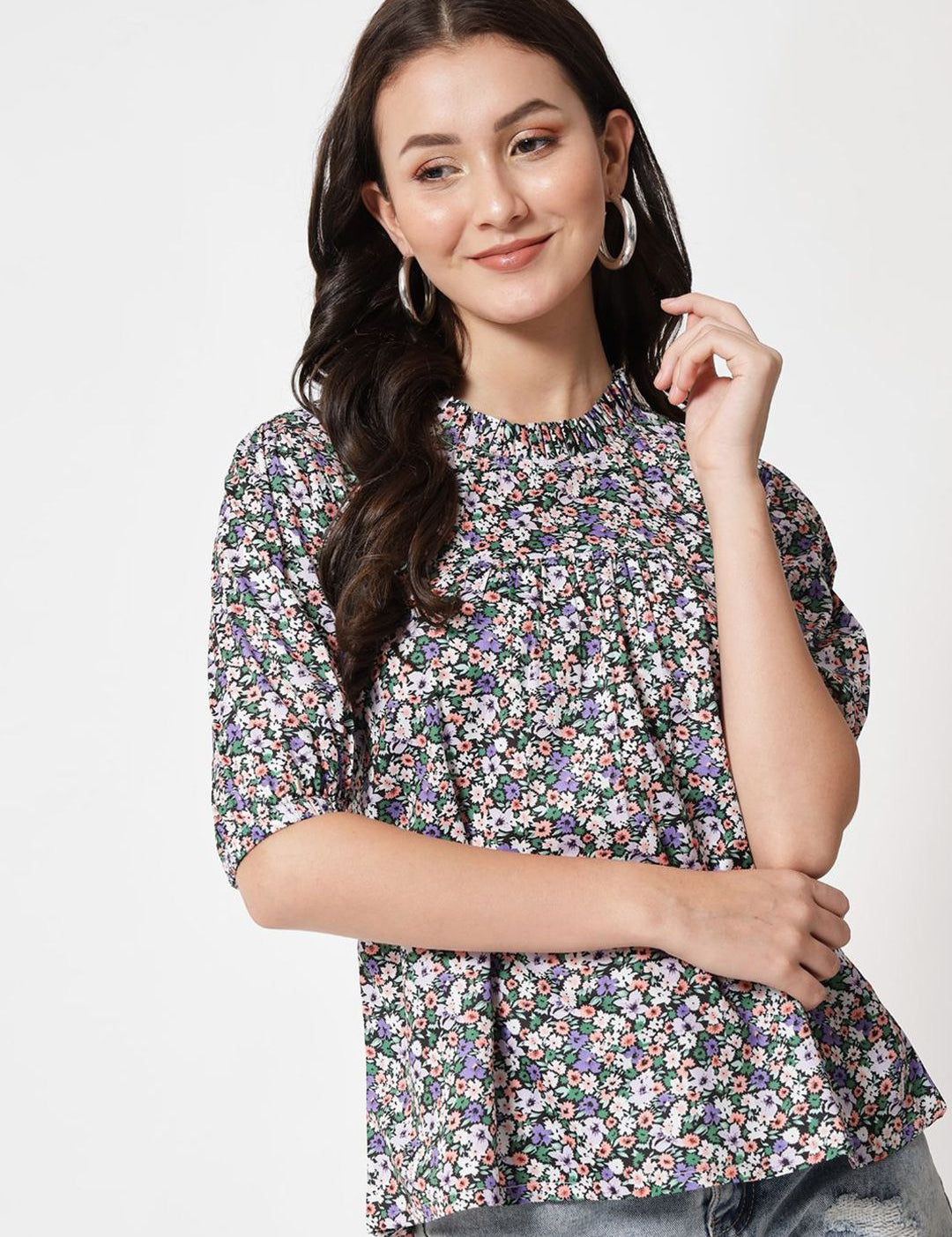 Kotty Women Floral Print Puff Sleeve Crepe Top