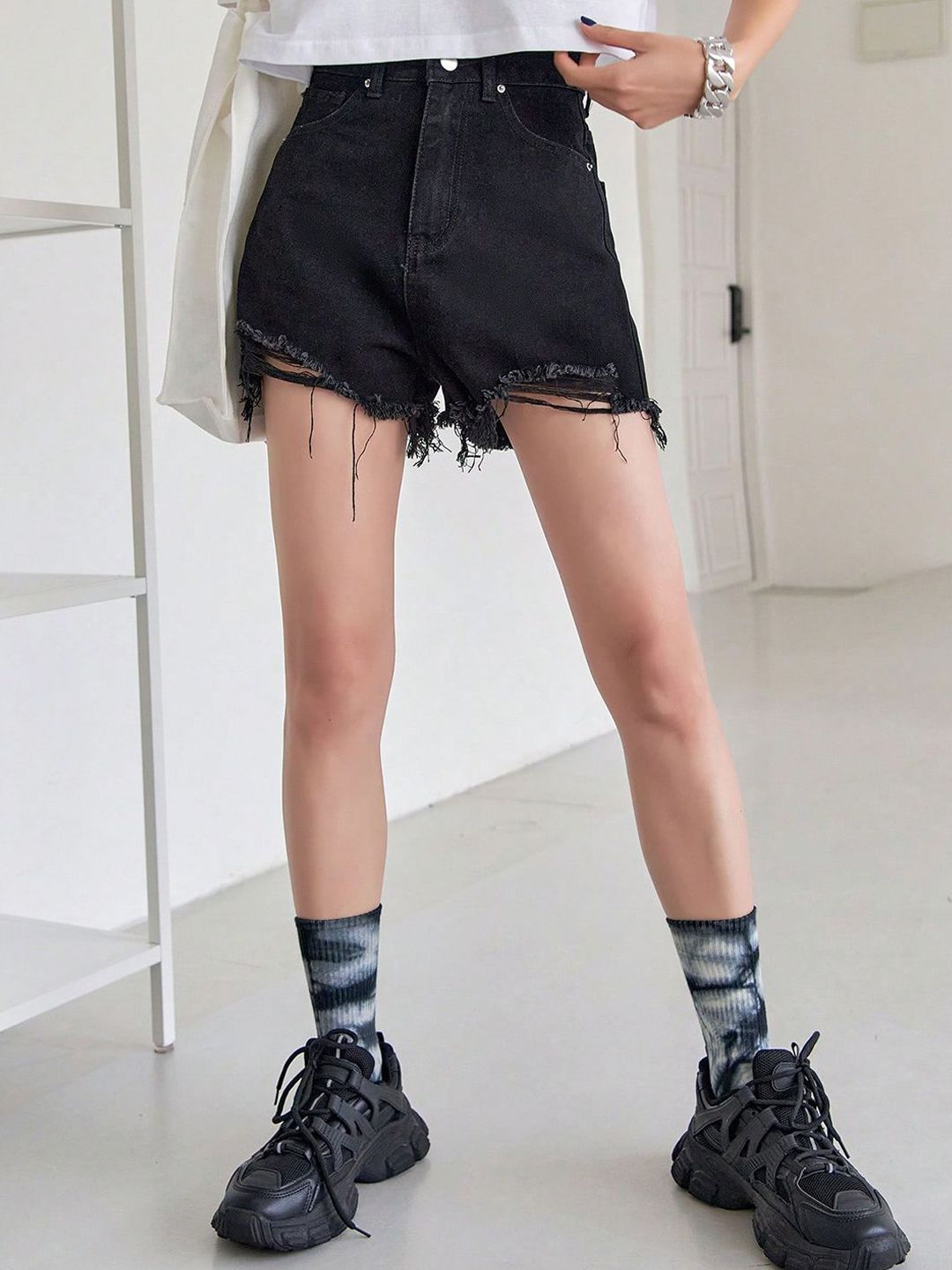 Kotty Women Solid High-Rise Cotton Denim Shorts