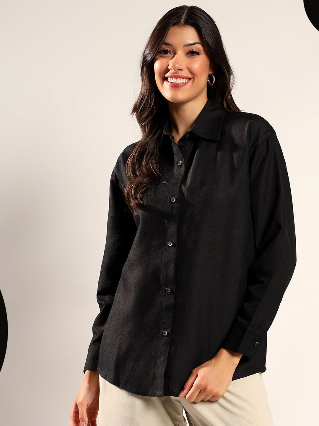 Kotty Women Relaxed Fit Solid Spread Collar Cotton Casual Shirt