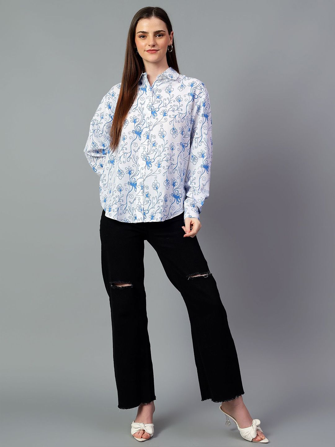 Kotty Women Comfort Spread Collar Floral Printed Cotton Oversized Casual Shirt