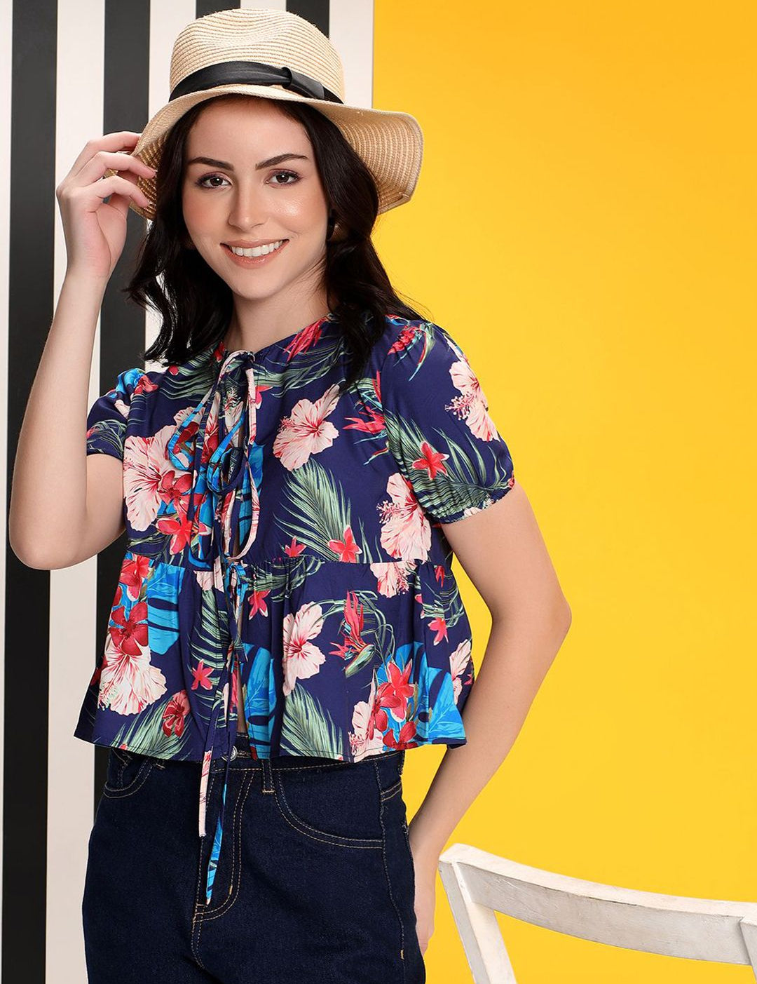 Kotty Women Floral Printed Tie-Up Neck Puff Sleeves Peplum Top