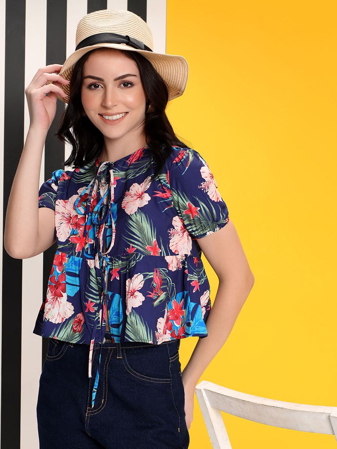 Kotty Women Floral Printed Tie-Up Neck Puff Sleeves Peplum Top