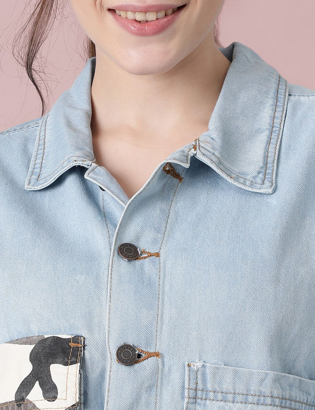 Kotty Women Spread Collar Camouflage Printed Cotton Casual Denim Jacket