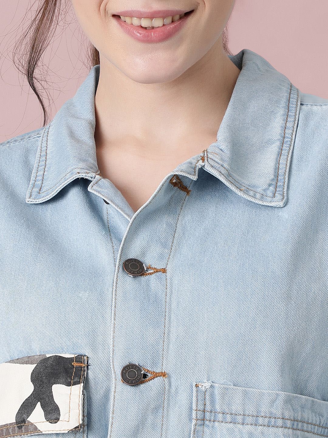 Kotty Women Spread Collar Camouflage Printed Cotton Casual Denim Jacket