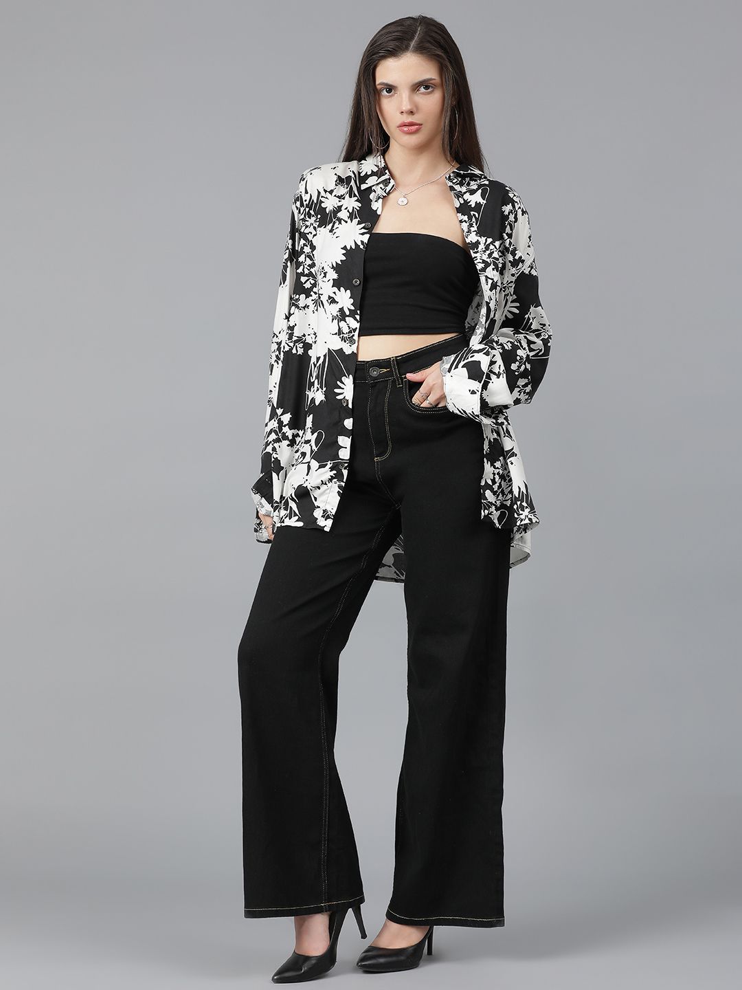 Kotty Women Spread Collar Floral Printed Cotton Oversized Casual Shirt