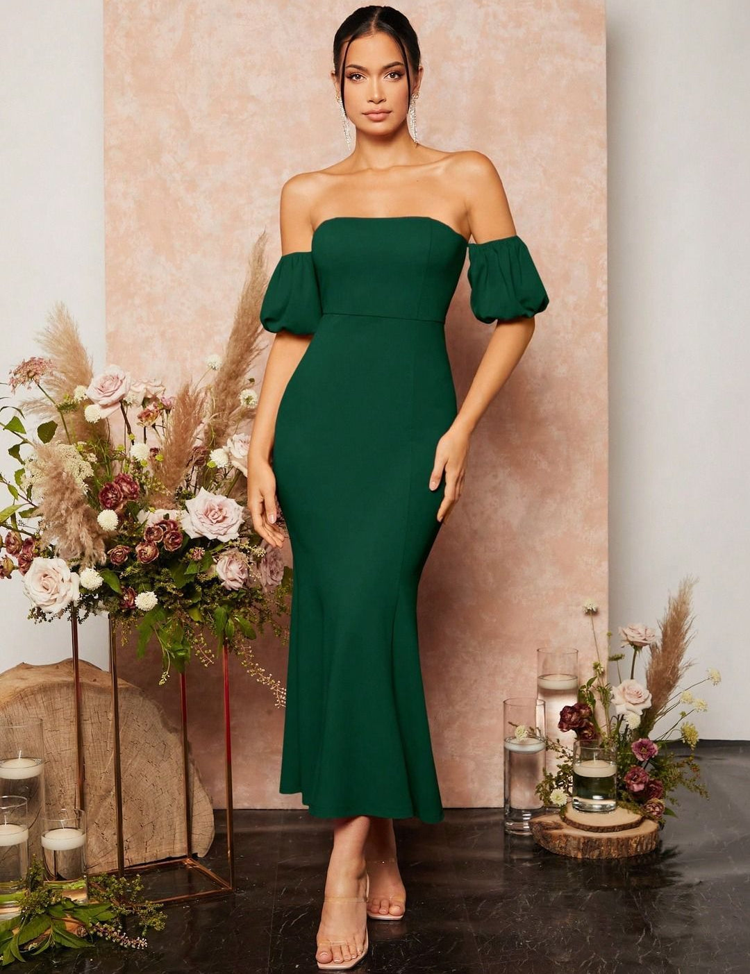 Kotty Women Solid Off-Shoulder Puff Sleeve Bodycon Midi Dress