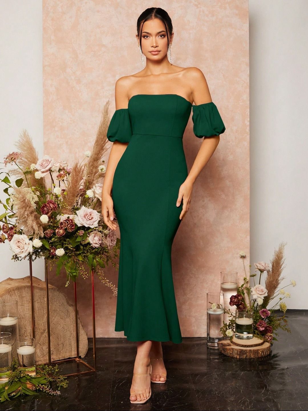 Kotty Women Solid Off-Shoulder Puff Sleeve Bodycon Midi Dress