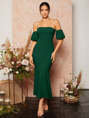 Kotty Women Solid Off-Shoulder Puff Sleeve Bodycon Midi Dress