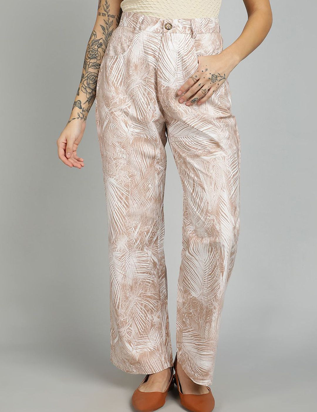 Kotty Women Floral Printed Straight Fit High-Rise Cotton Regular Trousers