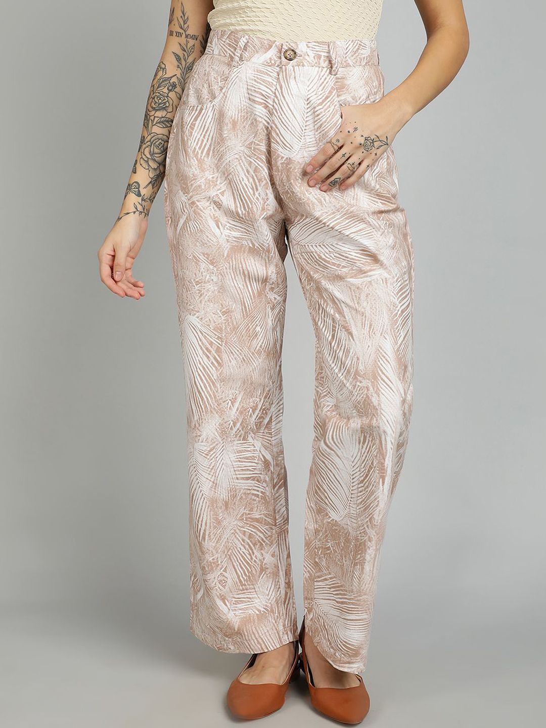 Kotty Women Floral Printed Straight Fit High-Rise Cotton Regular Trousers