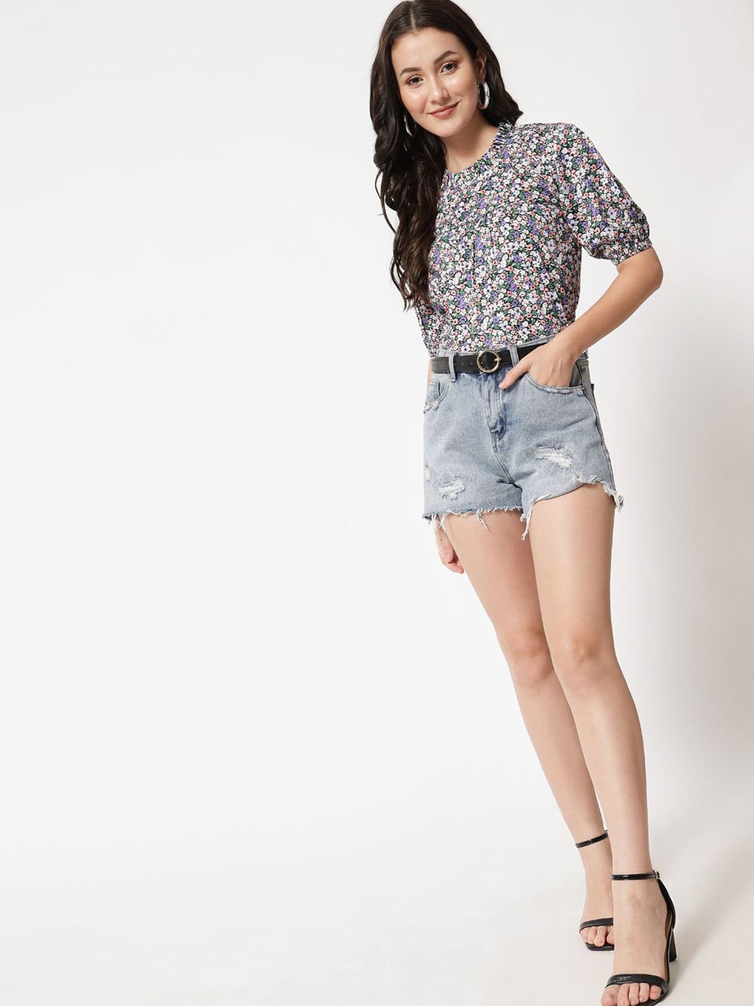 Kotty Women Floral Print Puff Sleeve Crepe Top