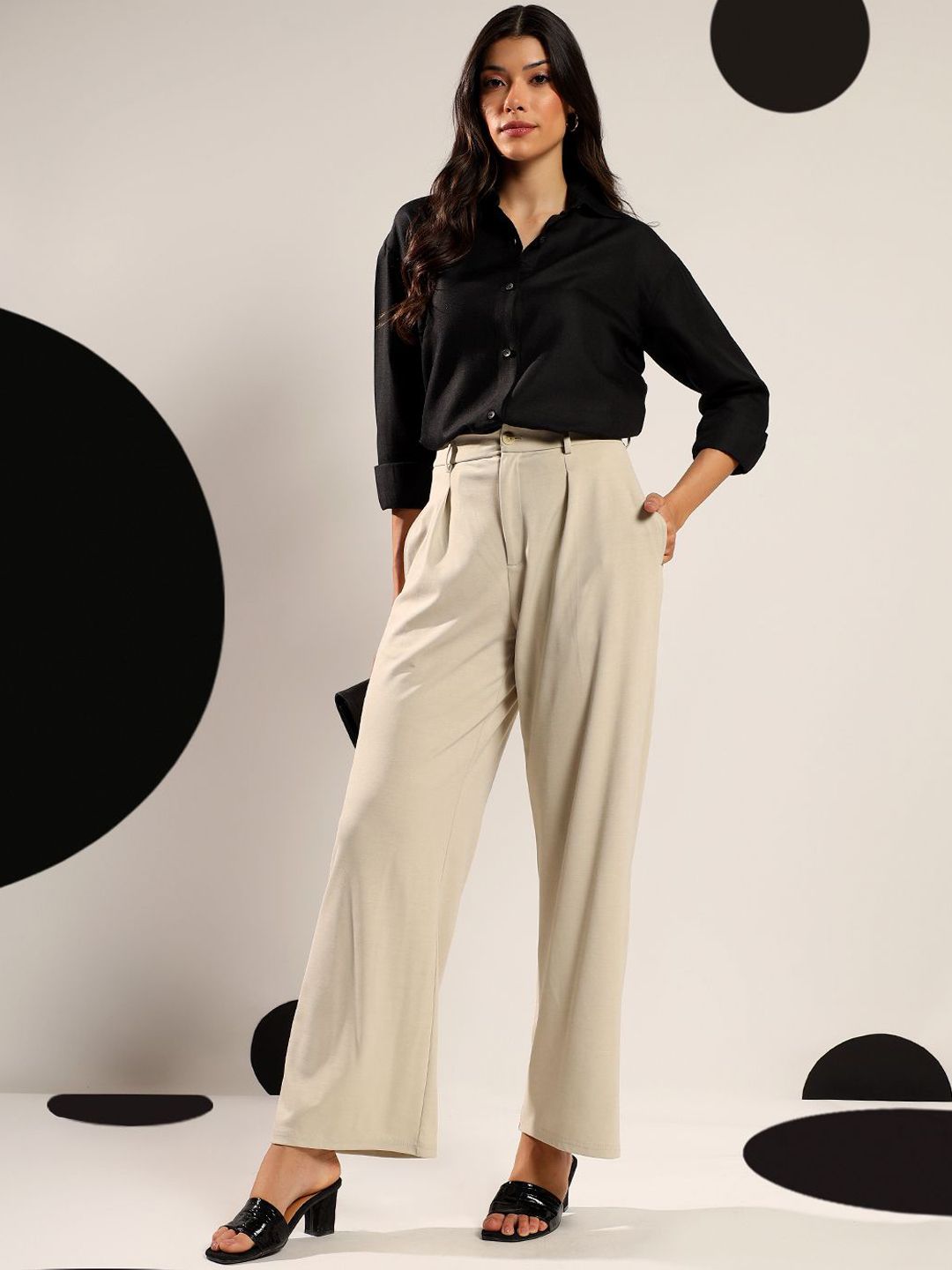 Kotty Women Relaxed Wide Leg High-Rise Pleated Easy Wash Formal Trousers