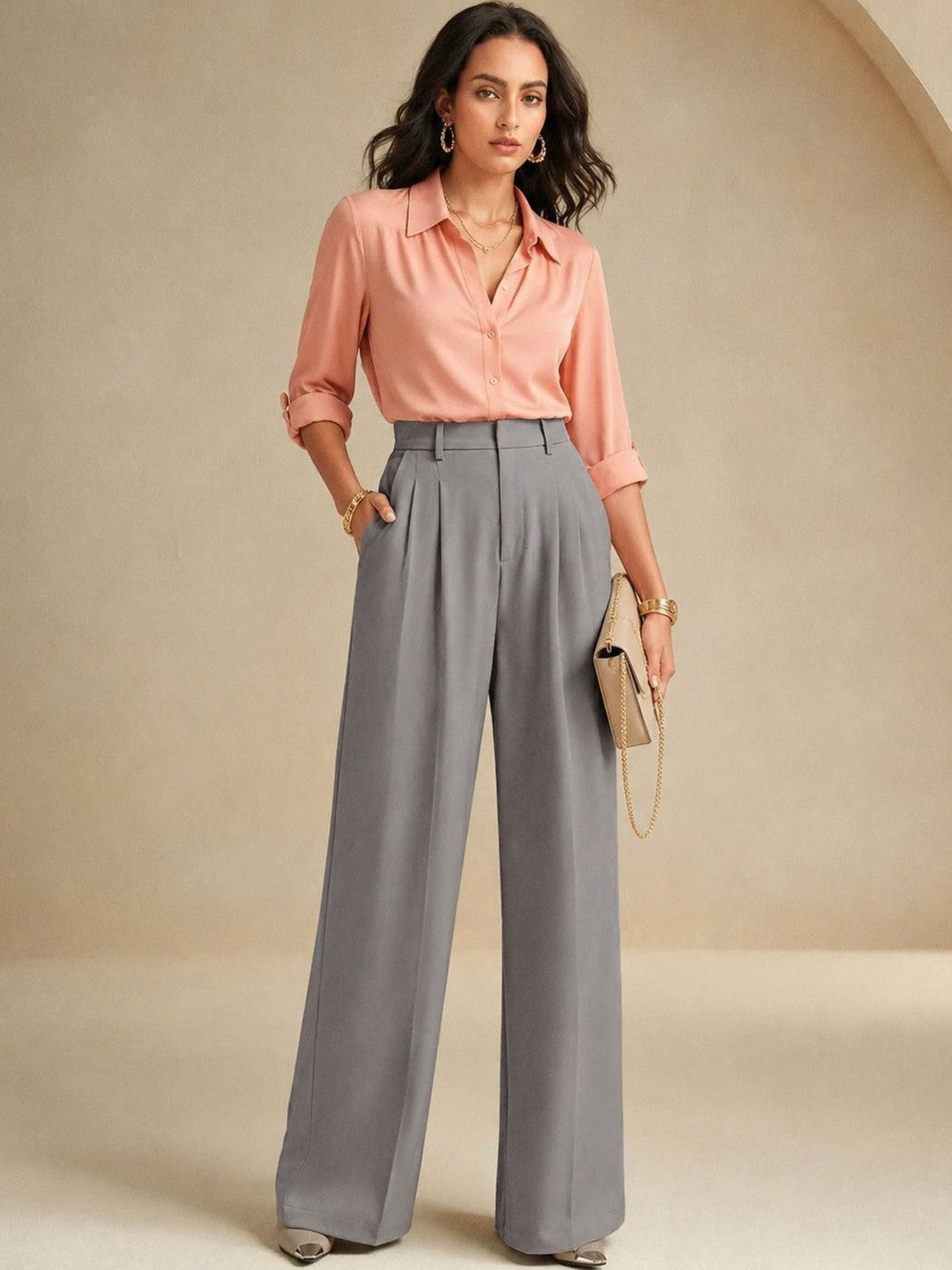 Grey Straight Fit High-Rise Trousers for Women | Kotty