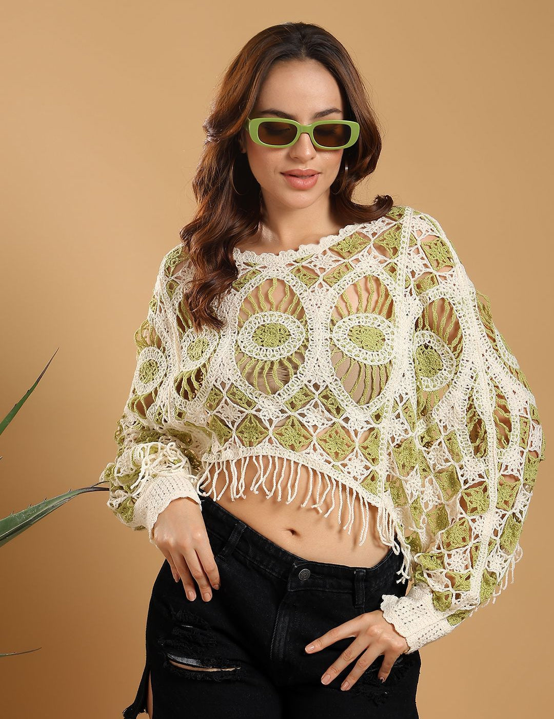 Kotty Women Self Design Crochet Crop Cotton Top