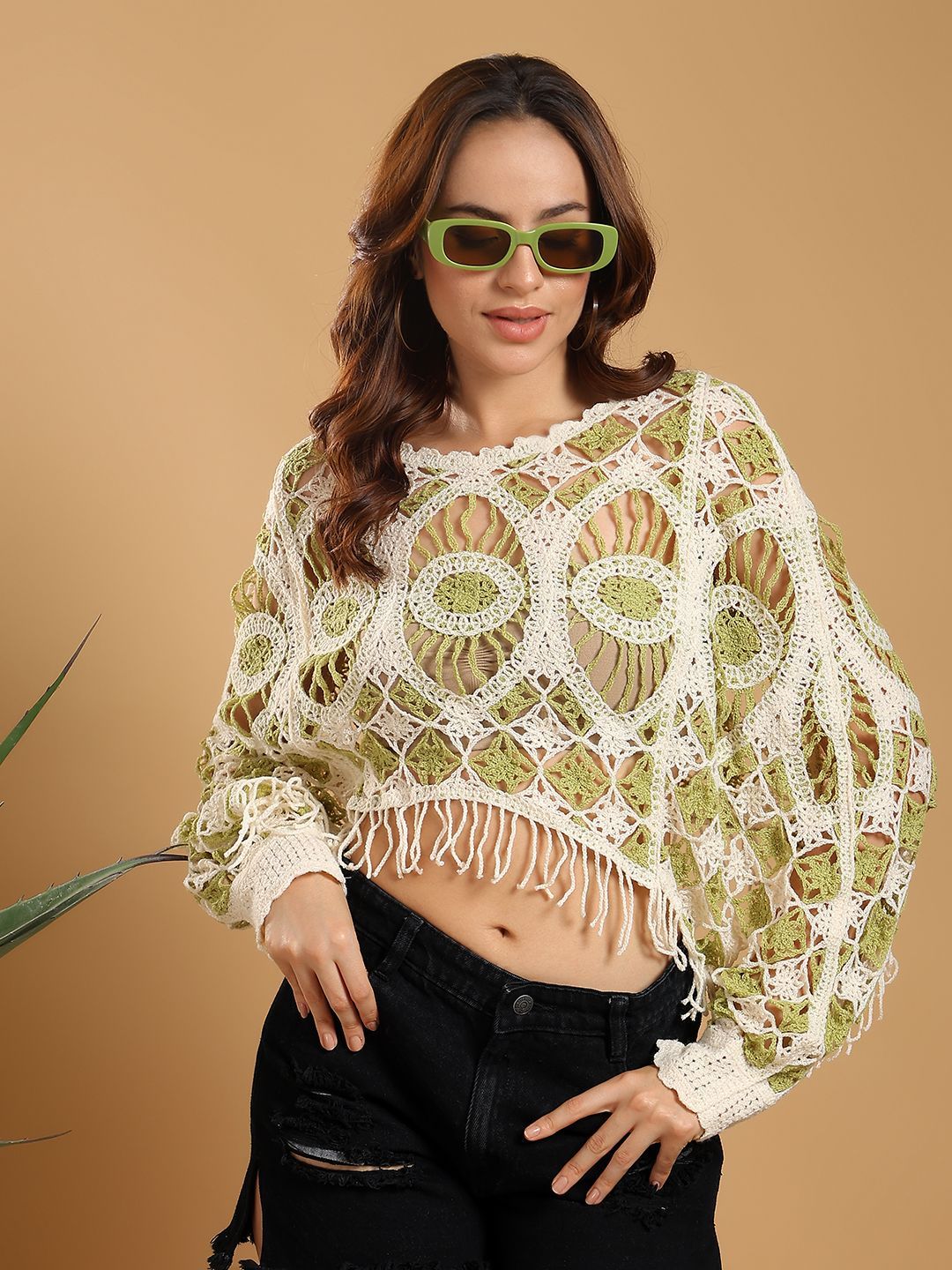 Kotty Women Self Design Crochet Crop Cotton Top